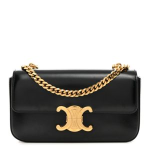 Celine Shiny Calfskin Triomphe Chain Shoulder Bag Black