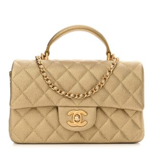 Chanel Metallic Caviar Quilted Mini Top Handle Rectangular Flap Gold