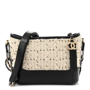 Chanel Tweed Calfskin Quilted Small Gabrielle Hobo Ivory Black