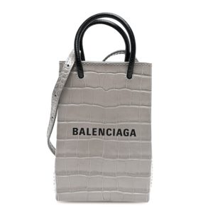 Balenciaga Calfskin Crocodile Embossed Logo Shopping Phone Holder Bag Steel Grey