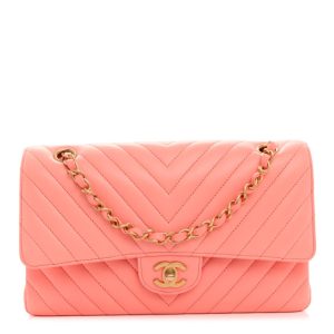 Chanel Lambskin Chevron Quilted Medium Double Flap Coral