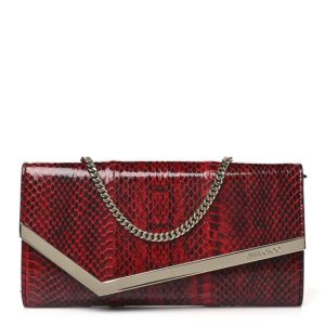 Jimmy Choo Snakeskin Embossed Wallet on Chain Red