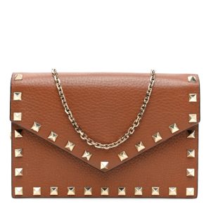 Valentino Garavani Pebbled Calfskin Rockstud Envelope Wallet on Chain Bright Cognac