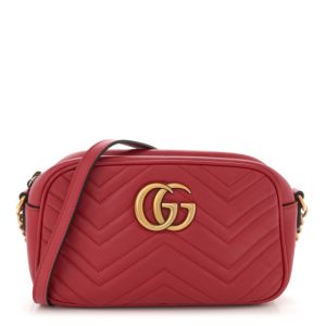 Gucci Calfskin Matelasse Small GG Marmont Chain Shoulder Bag Hibiscus Red