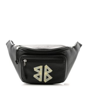 Balenciaga Grained Calfskin Tape Logo Explorer Belt Bag Black White
