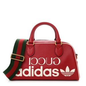Gucci X ADIDAS Textured Dollar Calfskin Web Trefoil Logo Embossed Mini Bowling Bag Red Off White