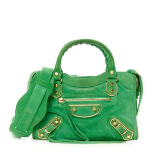 Balenciaga Baby Daim Suede Gold Metallic Edge Hardware Mini City Vert Fluo