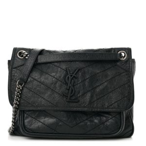 Saint Laurent Crinkled Calfskin Matelasse Monogram Medium Niki Chain Satchel Asphalt