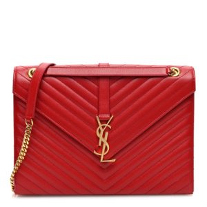 Saint Laurent Grain De Poudre Matelasse Chevron Large Monogram Satchel Lipstick Red