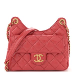 Chanel Shiny Crumpled Calfskin Quilted Small Wavy CC Hobo Red