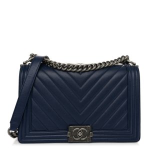 Chanel Caviar Chevron Quilted New Medium Boy Flap Dark Navy Blue