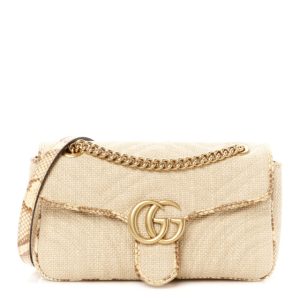 Gucci Raffia Elaphe Matelasse Small GG Marmont Shoulder Bag Natural Cream Brown
