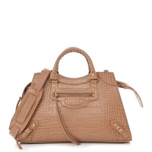 Balenciaga Shiny Supple Calfskin Crocodile Embossed Neo Classic Gold Hardware City Nude Beige