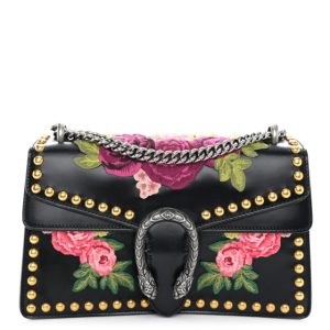 Gucci Calfskin Floral Embroidered Studded Small Dionysus Shoulder Bag Black