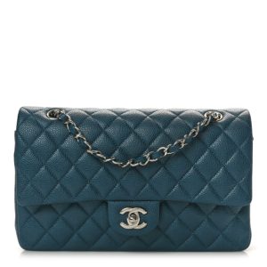 Chanel Metallic Caviar Quilted Medium Double Flap Dark Blue
