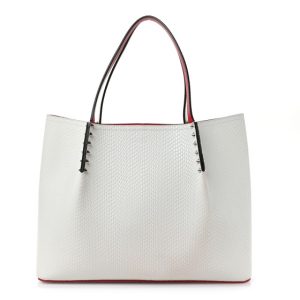 Christian Louboutin Calfskin Jurassic Embossed Spiked Large Cabarock Shopper Tote White
