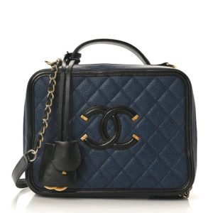 Chanel Caviar Quilted Large CC Filigree Vanity Case  Navy Black