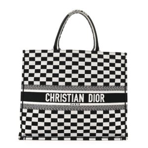 Christian Dior Canvas Embroidered Checkered Book Tote Black White