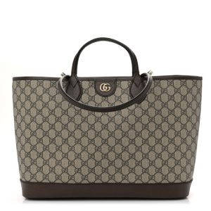 Gucci GG Supreme Monogram Textured Calfskin Medium Ophidia Shoulder Tote Bag Beige Ebony New Acero