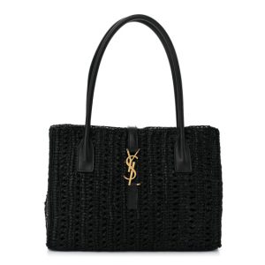 Saint Laurent Raffia Calfskin Panier Rectangle Tote Black