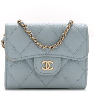 Chanel Caviar Quilted Flap Card Holder On Chain Light Blue