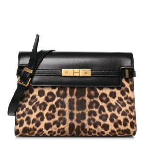 Saint Laurent Calfskin Pony Hair Leopard Print Manhattan Baguette Black