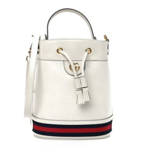 Gucci Glazed Textured Calfskin Web Small Ophidia Bucket Bag Mystic White