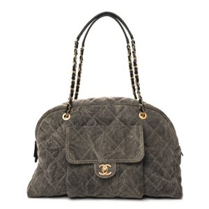 Chanel Washed Denim Quilted Bowling Bag Light Grey