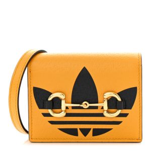 Gucci X ADIDAS Textured Dollar Calfskin Trefoil Horsebit 1955 Card Case Wallet With Strap Crop Black