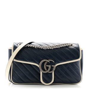 Gucci Vintage Effect Calfskin Matelasse Diagonal Small Torchon GG Marmont Shoulder Bag Blue Agata Mystic White