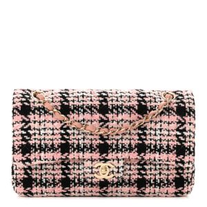 Chanel Tweed Quilted Medium Double Flap Pink Black White