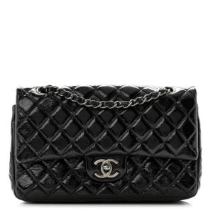 Chanel Distressed Patent Quilted Medium Double Flap Black