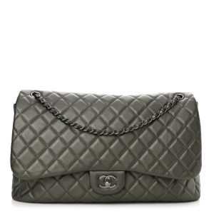 Chanel Metallic Calfskin Quilted Small XXL Travel Flap Bag Dark Silver