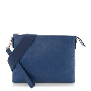 Gucci Calfskin GG Tennis Embossed Medium Wristlet Messenger Bag Intense Metal Blue