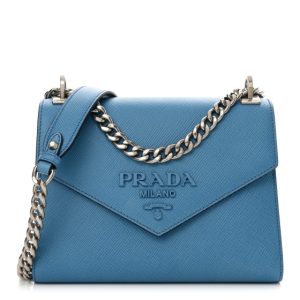 Prada Saffiano Cuir Calfskin Monochrome Envelope Flap Chain Shoulder Bag Cobalto
