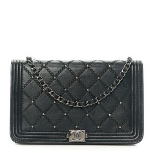 Chanel Calfskin Quilted Studded Boy Wallet On Chain WOC Black