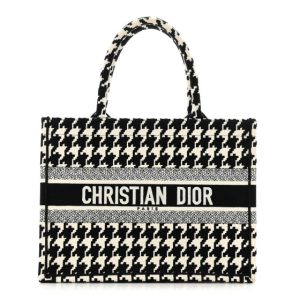 Christian Dior Canvas Macro Houndstooth Embroidered Medium Book Tote Black White