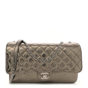 Chanel Metallic Crackled Calfskin Quilted Jumbo Clams Pocket Flap Dark Silver