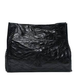 Saint Laurent Crinkled Calfskin Matelasse Monogram Medium Niki Shopper Tote Black