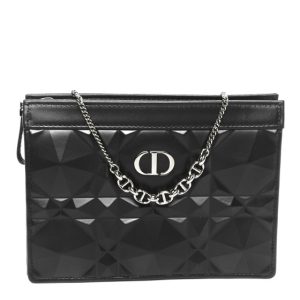 Christian Dior Calfskin Macrocannage Diamond Caro Zipped Pouch With Chain Black