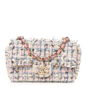Chanel Tweed Quilted Mini Rectangular Flap Light Blue Pink Gold White