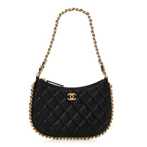 Chanel Shiny Crumpled Lambskin Quilted Trendy Chain Around Hobo Black