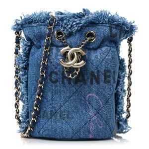 Chanel Denim Quilted Mood Mini Bucket With Chain Blue Multicolor