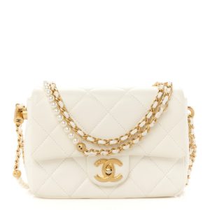 Chanel Shiny Lambskin Quilted Pearl Twist Mini Square Flap White