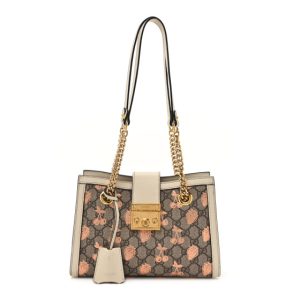 Gucci GG Supreme Monogram Berry Textured Dollar Calfskin Small Padlock Tote Beige Ebony Light Copper Mystic White