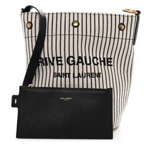 Saint Laurent Linen Calfskin Striped Rive Gauche Bucket Bag Grey Cream Black