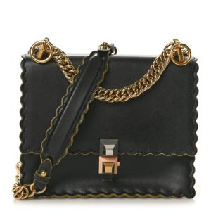 Fendi Vitello Liberty Scalloped Studded Small Kan I Shoulder Bag Black