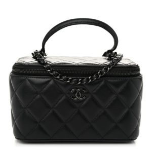 Chanel Lambskin Quilted Small Top Handle Vanity Case With Chain So Black
