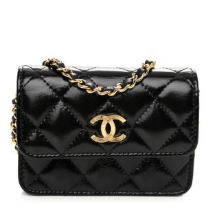 Chanel Shiny Lambskin Quilted Clutch With Chain Black