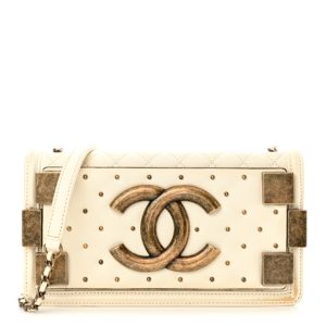 Chanel Lambskin Quilted Horizontal Boy Brick Studded Flap White